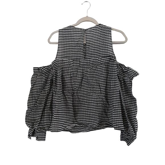 H&M Checked Blouse XS Black White‎ Cold Shoulder Ruffle Long Puff Sleeve Office - Picture 3 of 10